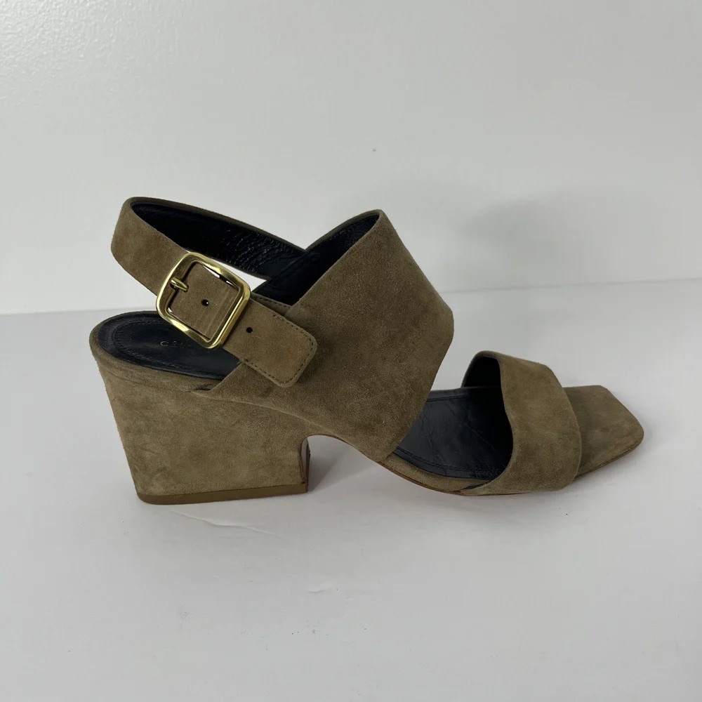 Celine Olive Suede Block Heel Sandals with Gold Buckle